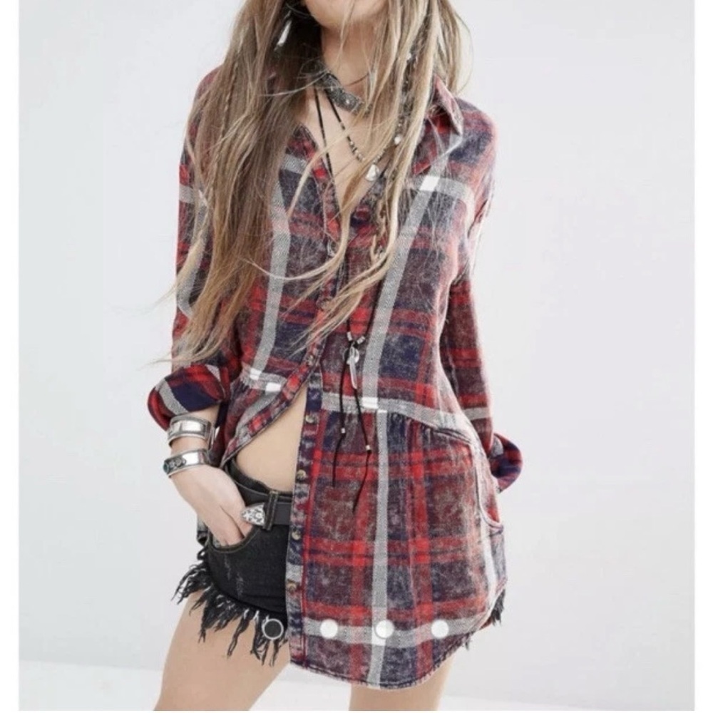 Free People Easy Street Plaid Shirt Buttondown Flannel Size Flowy Lightweight - Picture 4 of 11